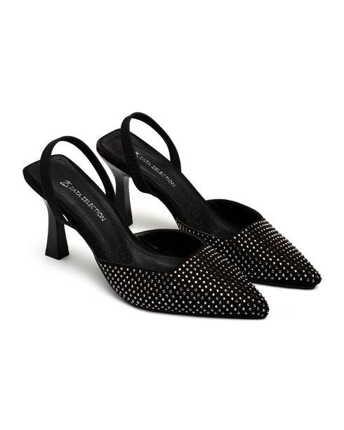 Tacón Slingback Negro Terminado Con Piedras 98009